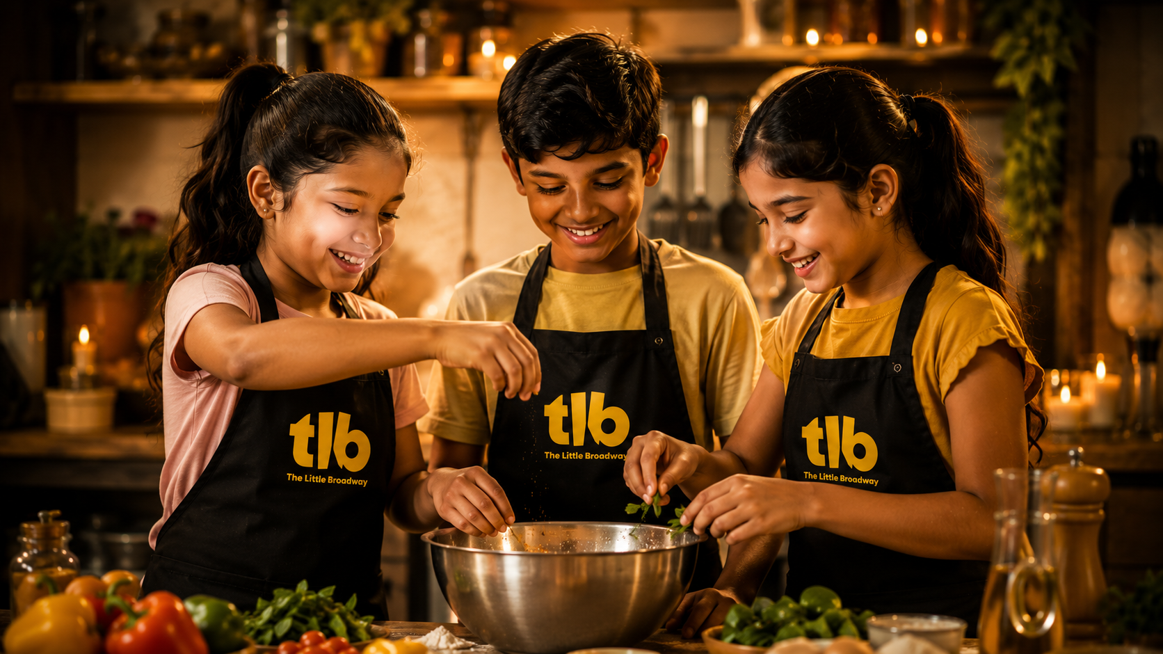 Three young children cooking together joyfully in an Indian kitchen