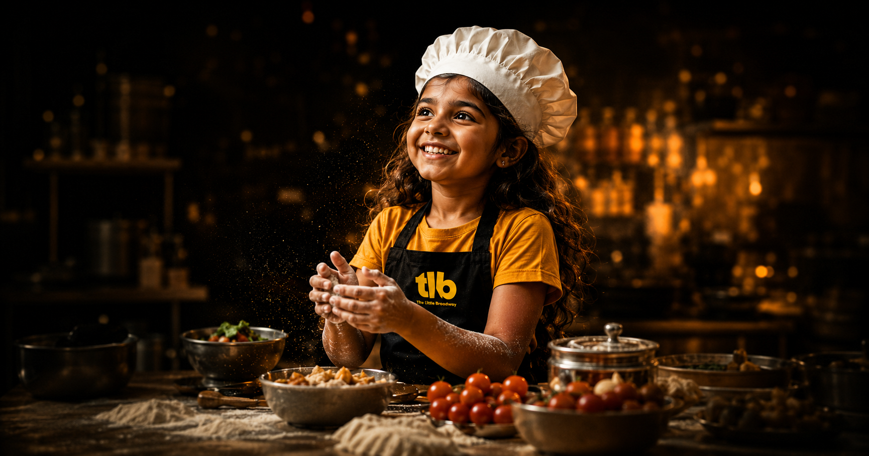 Smiling young Indian girl in chef hat clapping flour dust in a warm golden kitchen