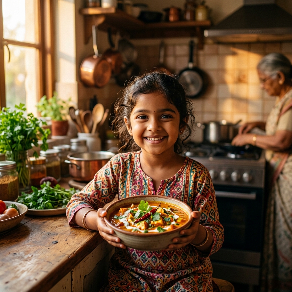 Smiling young Indian child proudly holding a finished dish